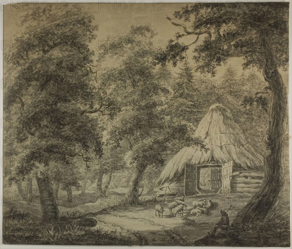 Thatched Hut in Woods with Shepherd and Sheep, n.d., Attributed to Anthoni Waterlo, Dutch, 1609-1690, Holland, Black chalk and brush and gray wash on cream laid paper, tipped onto cream laid paper, 450 x 526 mm