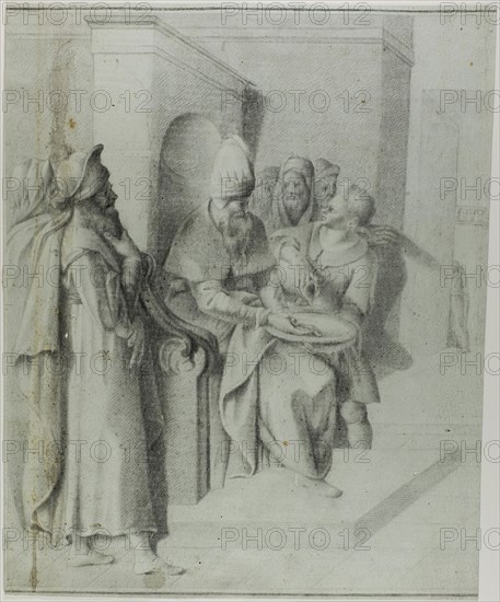 Pilate Washing his Hands, with Christ Being Led Away: Left Portion, n.d., Giovanni da Bologna, after, Italian, 1529-1608, Italy, Black chalk on blue laid paper, 454 x 377 mm