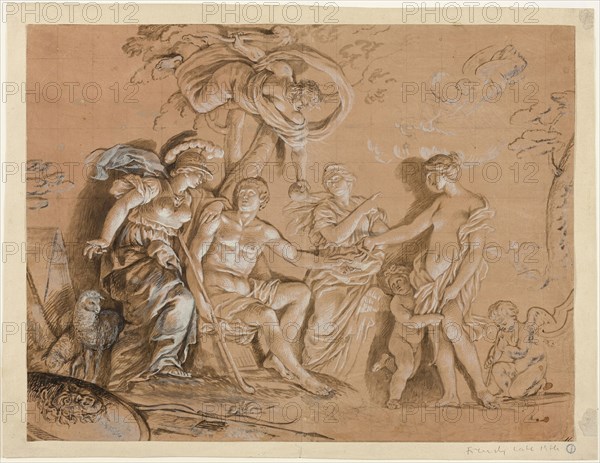 Judgement of Paris, n.d., Possibly François Le Moyne, French, 1688-1737, France, Brush and brown wash, heightened with lead white (discolored), over black chalk, on cream laid paper prepared with a salmon-tinted ground, tipped on tan laid paper, 370 × 485 mm