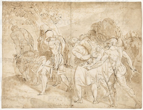 Funeral Procession of the Young Pallas, Aeneid Book XI, 1762, Julien de Parme, French, 1736-1799, France, Pen and brown ink with brush and brown wash, over graphite, on ivory laid paper, 422 × 556 mm