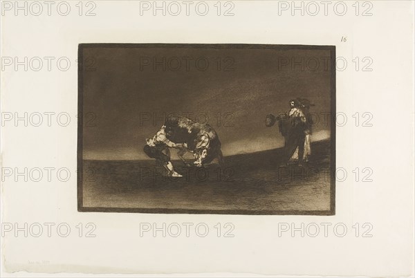 The Same Man Throws a Bull in the Ring at Madrid, plate 16 from The Art of Bullfighting, 1814/16, published 1876, Francisco José de Goya y Lucientes, Spanish, 1746-1828, Spain, Etching, burnished aquatint, drypoint and burin on ivory laid paper, 205 x 310 mm (image), 245 x 353 mm (plate), 335 x 495 mm (sheet)