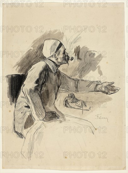 Seated Man with Extended Left Arm, n.d., Félicien Rops, Belgian, 1833-1898, Belgium, Pen and black ink, with brush and gray wash and black crayon, over graphite, on cream laid paper, 327 × 243 mm