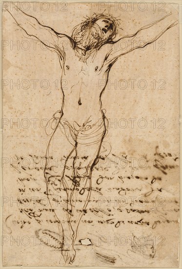 Christ on the Cross: Study for the Crucifixion with Saints, 1624/25, Guercino, Italian, 1591-1666, Italy, Pen and iron gall ink on buff laid paper, laid down on ivory wove paper, 258 x 174 mm