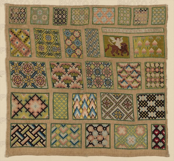 Sampler, 1713, Margreta Bem (German, active 1713), Germany, Linen, plain weave, with twenty nine squares filled with different needlework patterns in a variety of stitches, 37.3 x 39.4 cm (14 5/8 x 15 1/2 in.)