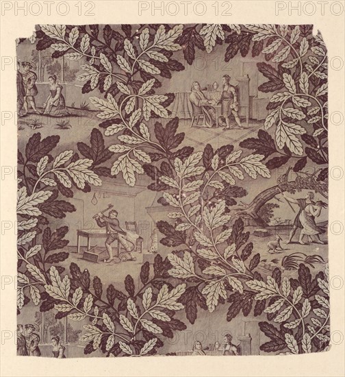Fables of La Fontaine (Furnishing Fabric), c. 1830, Designed by Alexandre Buquet (French, 1802–1865) after Jean Michel Moreau, the Younger (French, 1741–1814), Manufactured by Bapaume et Cocatrix(French, ?), France, Rouen, Rouen, Cotton, plain weave, engraved roller printed, 71.5 x 67.3 cm (28 1/8 x 26 1/2 in.)