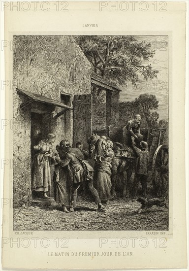 The Morning of the First Day of the Year, c. 1864, Charles Émile Jacque (French, 1813-1894), printed by Sarazin (French, 19th century), France, Etching, engraving, and drypoint on light gray China paper laid down on ivory wove paper, 150 × 120 mm (image), 160 × 126 mm (chine), 205 × 139 mm (sheet)