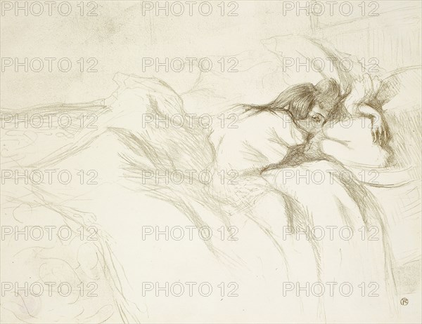 Woman in Bed—Waking, plate three from Elles, 1896, Henri de Toulouse-Lautrec (French, 1864-1901), published by Gustave Pellet (French, 1859-1919), probably printed by Auguste Clot (French, 1858-1936), France, Color lithograph on ivory wove paper, 405 × 527 mm