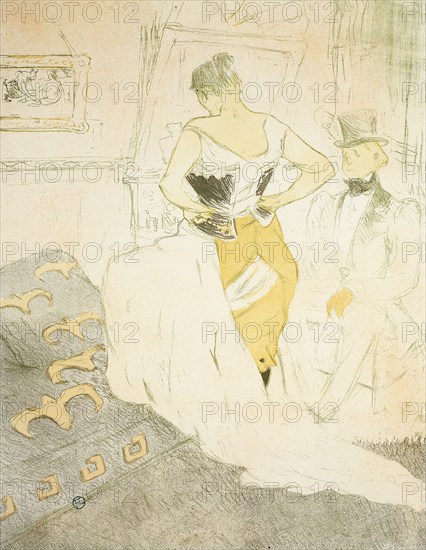 Woman Fastening a Corset, Passing Conquest, plate nine from Elles, 1896, Henri de Toulouse-Lautrec (French, 1864-1901), published by Gustave Pellet (French, 1859-1919), probably printed by Auguste Clot (French, 1858-1936), France, Color lithograph on ivory wove paper, 524 × 402 mm