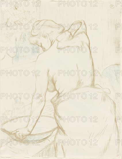 Woman Washing—The Toilet, plate five from Elles, 1896, Henri de Toulouse-Lautrec (French, 1864-1901), published by Gustave Pellet (French, 1859-1919), probably printed by Auguste Clot (French, 1858-1936), France, Color lithograph on ivory wove paper, 525 × 405 mm