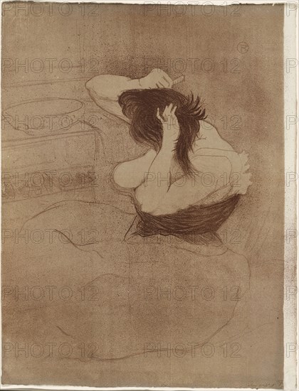 Woman Combing Her Hair—La Coiffure, plate seven from Elles, 1896, Henri de Toulouse-Lautrec (French, 1864-1901), published by Gustave Pellet (French, 1859-1919), probably printed by Auguste Clot (French, 1858-1936), France, Color lithograph on ivory wove paper, 528 × 403 mm