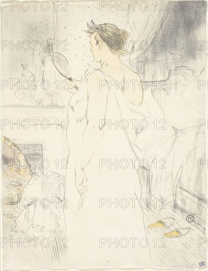 Woman at the Mirror—Mirror in Hand, plate six from Elles, 1896, Henri de Toulouse-Lautrec (French, 1864-1901), published by Gustave Pellet (French, 1859-1919), probably printed by Auguste Clot (French, 1858-1936), France, Color lithograph on ivory wove paper, 523 × 400 mm