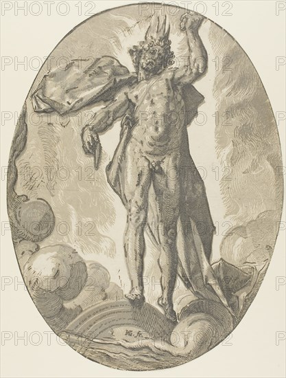Aether, plate six from Demogorgon and the Dieties, c. 1588–90, Hendrick Goltzius, Dutch, 1558-1617, Netherlands, Chiaroscuro woodcut in black and two shades of gray on paper, 347 x 261 mm (oval)
