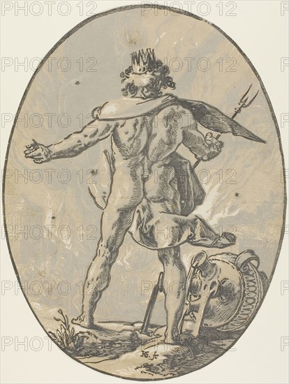 Pluto, plate four from Demogorgon and the Dieties, c. 1588–90, Hendrick Goltzius, Dutch, 1558-1617, Netherlands, Chiaroscuro woodcut in black and two shades of gray on paper, 343 x 260 mm (oval)