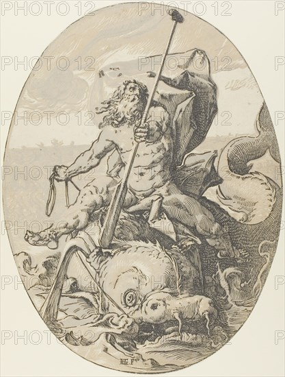 Oceanus, plate two from Demogorgon and the Dieties, c. 1588–90, Hendrick Goltzius, Dutch, 1558-1617, Netherlands, Chiaroscuro woodcut in black and two shades of gray on paper, 345 x 261 mm (oval)