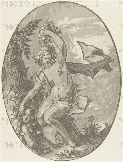 Proserpine, plate five from Demogorgon and the Dieties, c. 1588–90, Hendrick Goltzius, Dutch, 1558-1617, Netherlands, Chiaroscuro woodcut in black and two shades of gray on paper, 345 x 261 mm (oval)