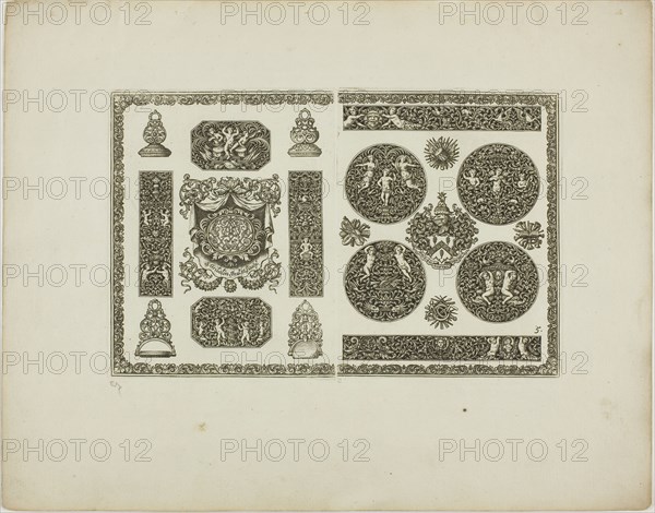 Plate Five, from Book of Ornament, 1704, Simon Gribelin II, French, 1661-1733, France, Engraving on paper, 132 × 207 mm (image/plate), 233 × 296 mm (sheet)