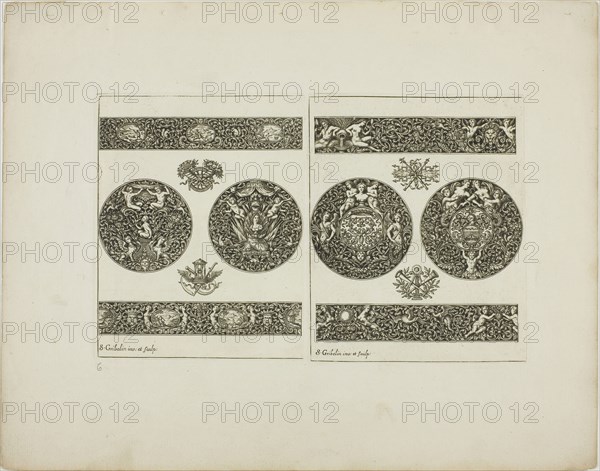 Plate Six, from Book of Ornament, 1704, Simon Gribelin II, French, 1661-1733, France, Engraving on paper, 132 × 213 mm (image/plate), 233 × 296 mm (sheet)