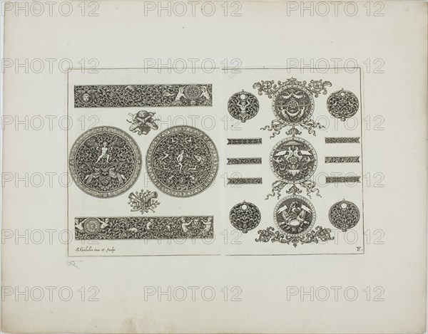 Plate Eight, from Book of Ornament, 1704, Simon Gribelin II, French, 1661-1733, France, Engraving on paper, 133 × 206 mm (image/plate), 232 × 295 mm (sheet)