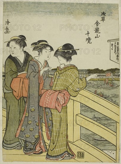 View from Azuma Bridge, from the series Ten Precincts of Kinryuzan Temple in Asakusa (Asakusa Kinruzan jikkei), c. 1783, Torii Kiyonaga, Japanese, 1752-1815, Japan, Color woodblock print, koban, 21.8 x 16.0 cm
