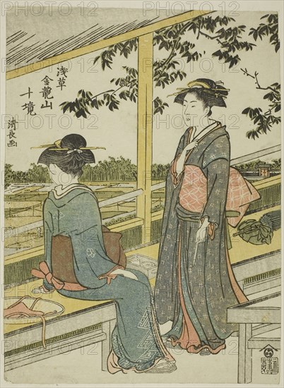 Teahouse overlooking rice fields, from the series Ten Precincts of Kinryuzan Temple in Asakusa (Asakusa Kinruzan jikkei), c. 1783, Torii Kiyonaga, Japanese, 1752-1815, Japan, Color woodblock print, koban, 21.7 x 15.9 cm