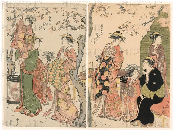 Courtesans and Their Child Attendants under Blossoming Cherry Trees, 1785, Torii Kiyonaga, Japanese, 1752-1815, Japan, Color woodblock print, right and center sheets of oban triptych, 38.0 x 25.3 cm (right sheet), 39.1 x 25.8 cm (center sheet)