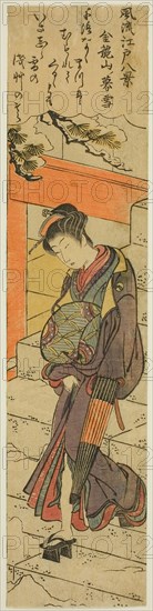 Evening Snow at Kinryuzan Temple (Kinryuzan no bosetsu), from the series Eight Fashionable Views of Edo (Furyu Edo hakkei), c. 1778, Torii Kiyonaga, Japanese, 1752-1815, Japan, Color woodblock print, half hosoban (right side), 31.0 x 7.3 cm