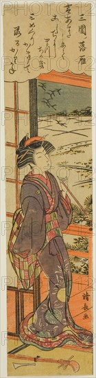 Descending Geese at Mimeguri (Mimeguri no rakugan), from the series Eight Fashionable Views of Edo (Furyu Edo hakkei), c. 1778, Torii Kiyonaga, Japanese, 1752-1815, Japan, Color woodblock print, half hosoban (left side), 30.9 x 7.2 cm