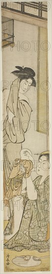 Two Women and a Child after a Bath, c. 1782, Torii Kiyonaga, Japanese, 1752-1815, Japan, Color woodblock print, hashira-e, 67.8 x 11.6 cm