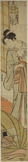 Mother Watching her Son Sleeping under a Mosquito Net, c. 1780, Torii Kiyonaga, Japanese, 1752-1815, Japan, Color woodblock print, hashira-e, 69.2 x 11.8 cm