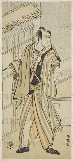 The Actor Ichikawa Ebizo (Danjuro V) as Banzui Chobei in the Play Gozen-gakari Sumo Soga, Performed at the Kawarazaki Theater in the Second Month, 1793, c. 1793, Katsukawa Shun’ei, Japanese, 1762-1819, Japan, Color woodblock print, left sheet of hosoban diptych (right: 1928.1029), 30.8 x 13.6 cm (12 1/8 x 5 3/8 in.)