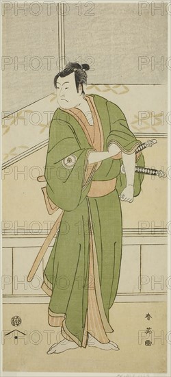 The Actor Iwai Hanshiro IV as Shirai Gompachi in the Play Gozen-gakari Sumo Soga, Performed at the Kawarazaki Theater in the Second Month, 1793, c. 1793, Katsukawa Shun’ei, Japanese, 1762-1819, Japan, Color woodblock print, right sheet of hosoban diptych (left: 1928.1028), 30.5 x 13.6 cm (12 x 5 3/8 in.)