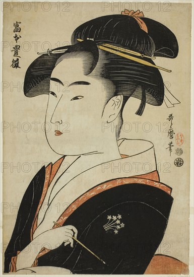 Tomimoto Toyohina, from the series Famous Beauties of Edo (Edo komei bijin), c. 1793/94, Kitagawa Utamaro ??? ??, Japanese, 1753 (?)-1806, Japan, Color woodblock print, aiban, 33.6 x 23.3 cm