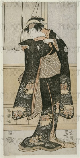 The Actor Iwai Hanshiro lV as Otoma, Daughter of Ohina from Inamuragasaki in Kamakura (Yondai-me Iwai Hanshiro no Kamakura Inamuragasaki no Ohina musume Otoma), 1794, (Kansei 6), Toshusai Sharaku ??? ??, Japanese, active 1794-95, Japan, Color woodblock print, hosoban, nishiki-e, 31.4 x 15.5 cm