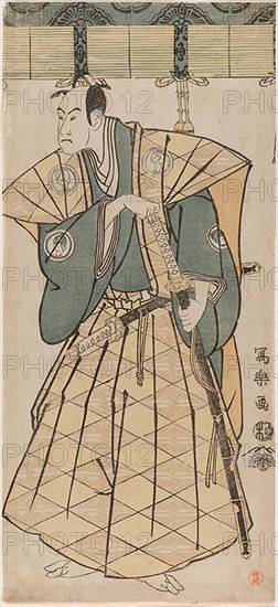 The actor Bando Hikosaburo III as Godai Saburo Chikatada, 1794, Toshusai Sharaku ??? ??, Japanese, active 1794-95, Japan, Color woodblock print, right sheet of hosoban triptych (center: 1928.1062, left: 2003.337), 30.0 x 14.0 cm