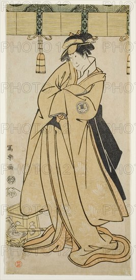 The actor Segawa Tomisaburo II as Prince Korehito in the guise of the maid Wakakusa of the Otomo family, 1794, Toshusai Sharaku ??? ??, Japanese, active 1794-95, Japan, Color woodblock print, center sheet of hosoban triptych (right: 1928.1061, left: 2003.337), 30.4 x 14.1 cm
