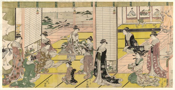 A Woman’s Poetry Party, c. 1793, Chobunsai Eishi, Japanese, 1756-1829, Japan, Color woodblock print, oban triptych, 37.7 x 74.4 cm