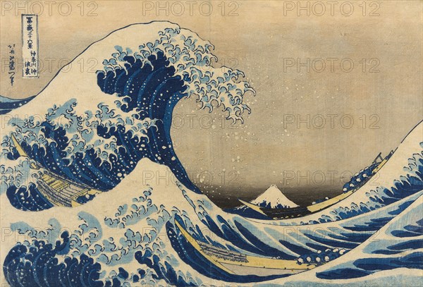 Under the Wave off Kanagawa (Kanagawa oki nami ura), also known as The Great Wave, from the series Thirty-Six Views of Mount Fuji (Fugaku sanjurokkei), 1830/33, Katsushika Hokusai ?? ??, Japanese, 1760-1849, Japan, Color woodblock print, oban, 25.4 x 37.6 cm (10 x 14 3/4 in.)