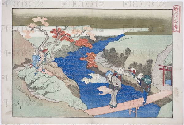 Autumn Maples at Takinogawa River (Takinogawa momiji), from the album The Eternal Waterfall (Tokiwa no taki), 1833, Totoya Hokkei, Japanese, 1780–1850, Japan, Color woodblock print, double-page illustration from album, 23.7 x 34.4 cm