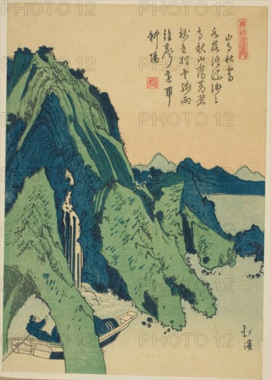 Clear autumn sky over a mountain temple, from the series Picture Book of Chinese Poems (Toshi gafu no uchi), c. 1830/44, Totoya Hokkei, Japanese, 1780–1850, Japan, Color woodblock print, chuban
