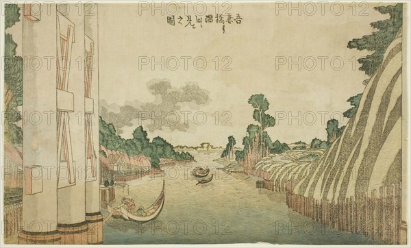 Sumida River seen from Azuma Bridge (Azumabashi yori Sumida wo miru no zu), from a group of Western-style landscapes, c. 1800/05, Katsushika Hokusai ?? ??, Japanese, 1760-1849, Japan, Color woodblock print, aiban, 18.9 x 31.6 cm