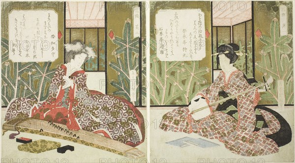 No. 2 (Sono ni), from the triptych Three Musical Instruments (Sankyoku), c. 1825, Yashima Gakutei, Japanese, 1786 (?)-1868, Japan, Color woodblock print, center sheet of shikishiban triptych (right sheet: 1928.1166), surimono, 22.2 x 20 cm