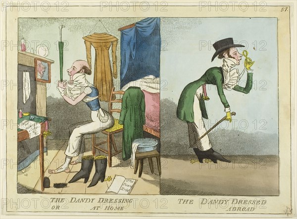 The Dandy Dressing, The Dandy Dressed, 1815/25, J. Lewis Marks, English, c. 1796-1855, England, Handcolored etching on ivory laid paper, 232 × 318 mm (image), 240 × 325 mm (sheet), no plate mark