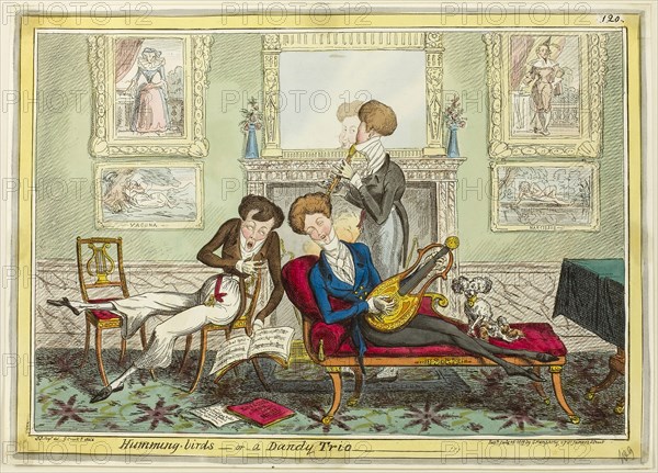 Humming Birds, or A Dandy Trio, published July 15, 1819, George Cruikshank (English, 1792-1878), published by George Humphrey (English, c. 1773-1831), England, Hand-colored etching on paper, 242 × 342 mm (image), 250 × 350 mm (plate), 294 × 423 mm (sheet)