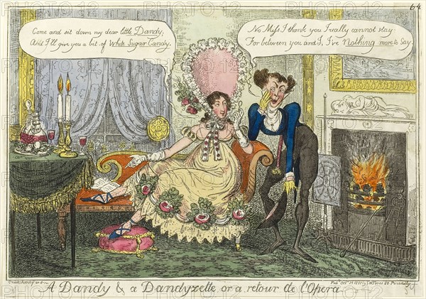 A Dandy & a Dandyzette, published October 25, 1818, George Cruikshank (English, 1792-1878), published by S.W. Fores (English, 1761-1838), England, Hand-colored etching on paper, 225 × 335 mm (image), 240 × 340 mm (sheet cut within plate mark)