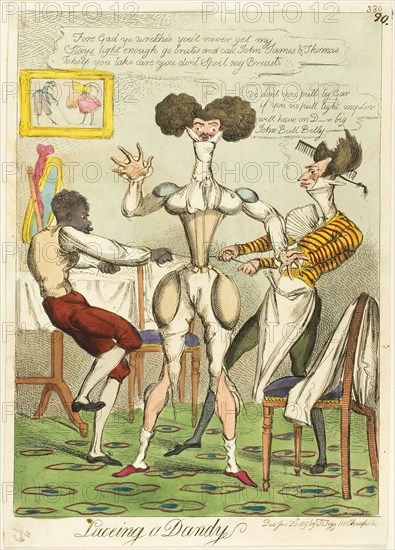 Lacing a Dandy, published January 26, 1819, Unknown Artist (English), published by Thomas Tegg (English, 1776-1845), England, Handcolored etching on cream wove paper, 300 × 216 mm (image), 322 × 228 mm (sheet), plate mark not visible