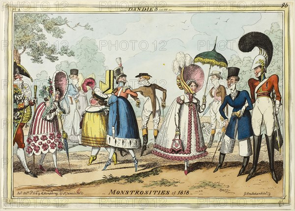 Dandies or Monstrosities of 1818, published October 3, 1818, George Cruikshank (English, 1792-1878), published by George Humphrey (English, c. 1773-1831), England, Hand-colored etching on paper, 240 × 342 mm (image), 247 × 350 mm (plate), 253 × 355 mm (sheet)