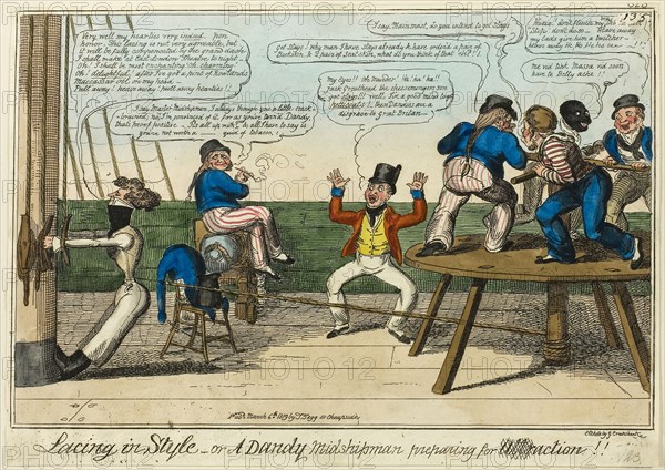 Lacing in Style, published March 6, 1819, George Cruikshank (English, 1792-1878), after Captain Frederick Marryat (English, 1792-1848), England, Hand-colored etching on paper, 215 × 330 mm (image), 237 × 334 mm (sheet, cut to plate mark)