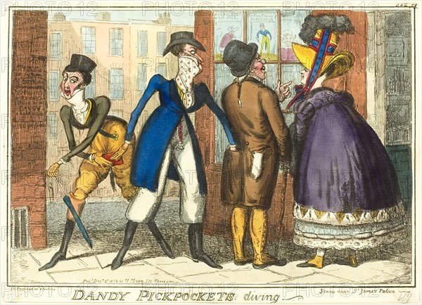 Dandy Pickpockets Diving, published December 2, 1818, Isaac Robert Cruikshank (English, 1789-1856), published by Thomas Tegg (English, 1776-1846), England, Hand-colored etching on paper, 223 × 325 mm (image), 240 × 330 mm (sheet cut within plate mark)