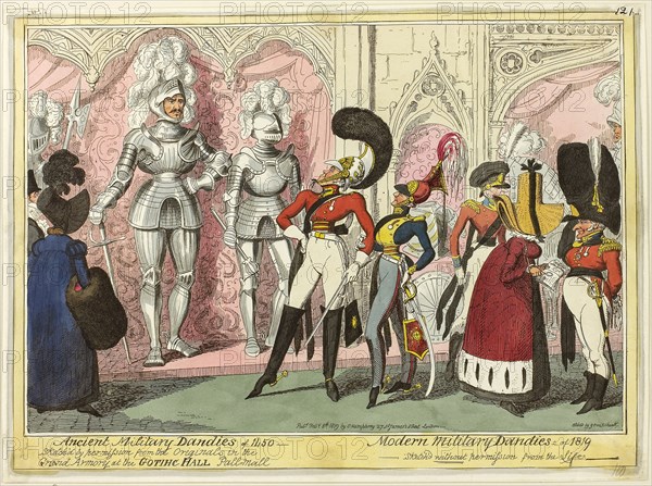 Ancient and Modern Military Dandies of 1450, published February 8, 1819, George Cruikshank (English, 1792-1878), published by George Humphrey (English, c. 1773-1831), England, Hand-colored etching on paper, 253 × 354 mm (image), 265 × 360 mm (plate), 270 × 365 mm (sheet)