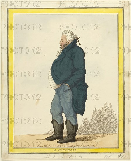 A Portrait: Lord Pomfret, published February 26, 1812, Thomas Rowlandson (English, 1756-1827), published by Hannah Humphrey (English, 1745-1818) and Thomas Tegg (English, 1776-1845), England, Hand-colored etching on ivory wove paper, 255 × 207 mm (image), 273 × 222 mm (plate), 277 × 227 mm (sheet)